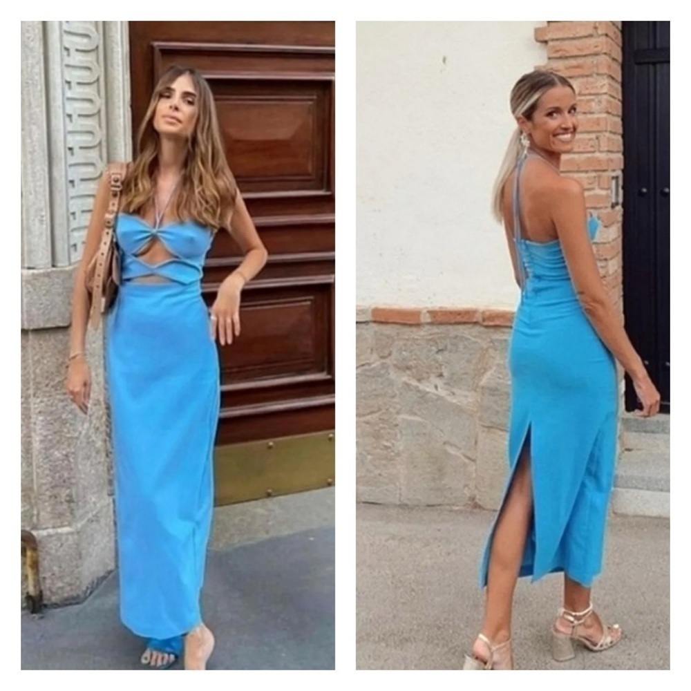 ZARA Blue Cutout Halter Sleeveless Bodycon Midi Cocktail Dress Size XL NWT - Picture 10 of 15